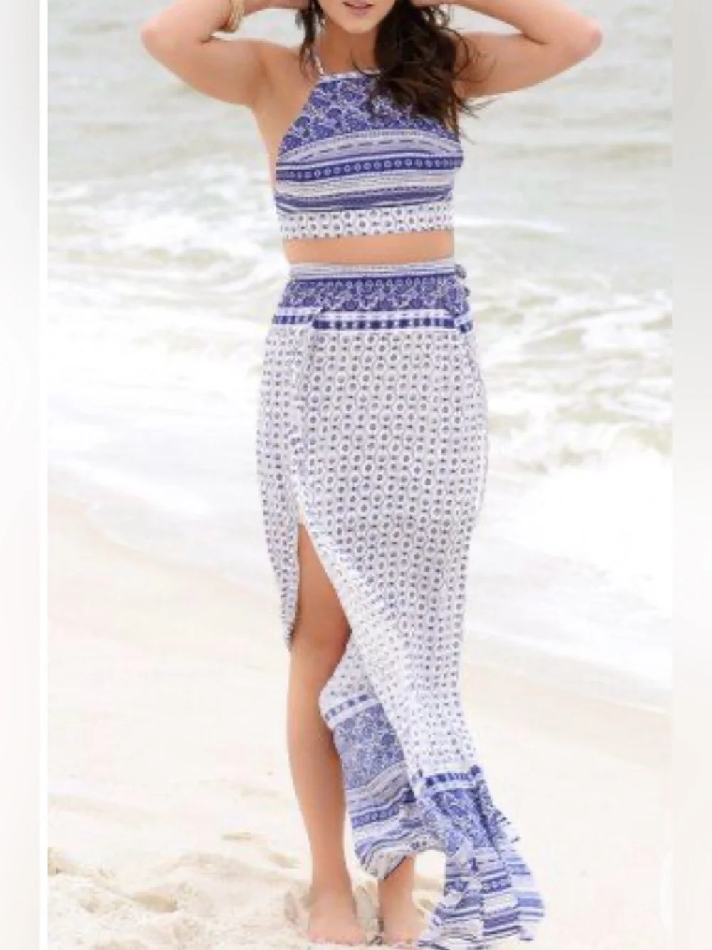 Latiste Miami Blue White Boho 2-Piece Crop Top Maxi Skirt Set M